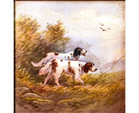 'R. Hinton', Crown Devon Fieldings, Edwardian framed tile depicting two Setter gun dogs. (a/f reglued break across one corner