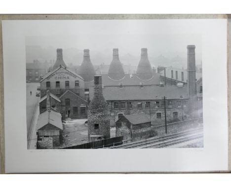 John Bulmer signed print of the Crown Staffordshire china factory, Potteries, dated 1961. Size of print 24.5cm x 38cm 