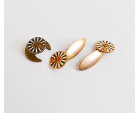 Pair of 9ct gold and enamel round table cufflinks, 5.4g together with similar gold plated pin. (3) 