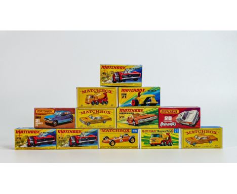 A collection of boxed Matchbox 1-75 series toy cars &amp; vehicles to include 19e Road Dragster x 3, 19d Lotus Racing Car, 20