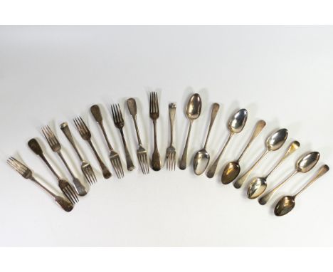 Collection of George III silver spoons &amp; forks, gross weight 595g. 