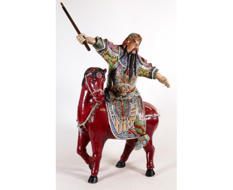 Chinese Famille Rose porcelain figure Imortal on horseback, Republican period, h45 x w.32cm, (a/f. tail broken but present, c