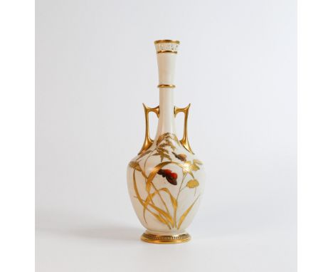 Royal Worcester gilded blush two handled vase decorated with butterflies, model 830 with puce marks, h.24cm. 