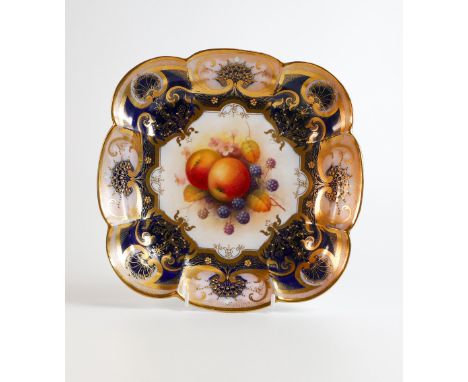 Royal Worcester shaped square gilded dish decorated with fruit by A Shuck, puce factory mark, d.24.5cm, (a/f. three 2cm hairl