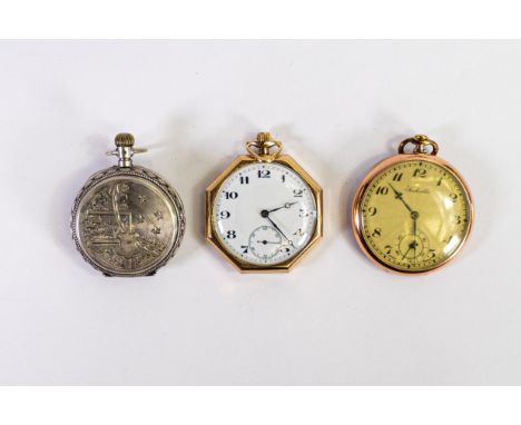 Gold plated hexagon shaped pocket watch, Jackville rolled gold pocket watch and 800 silver ladies fob watch. (3) 