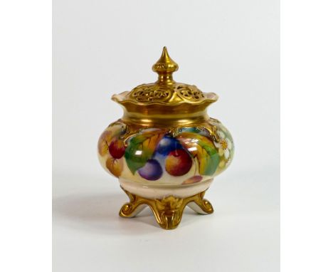 Royal Worcester gilded vase &amp; cover, painted with fruit by K Blake, purple factory mark, couple minute nicks to gilding o