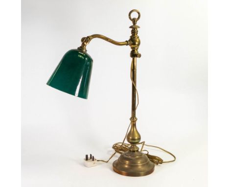 Edwardian heavy brass desk lamp with enamelled shade, height 60cm 