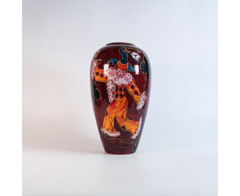 Large Anita Harris Art Pottery vase decorated with Jester doing a magic card trick,Limited edition of one only, 35cm with Cer