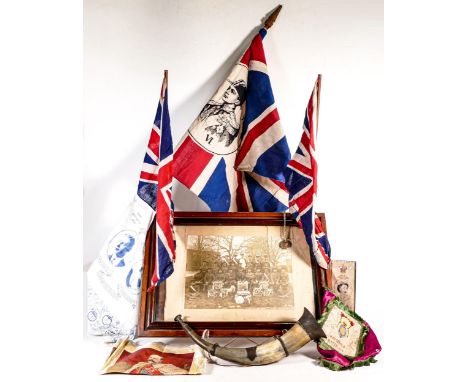 A mixed collection of items to include - large Framed WWI era regimental picture, cattle horn bugle, celebration Union Jacks,