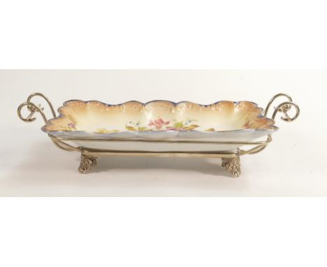 Carlton Blush ware metal mounted Entrée dish, scallop edged with floral decorations, by Wiltshaw &amp; Robinson, c1900, lengt