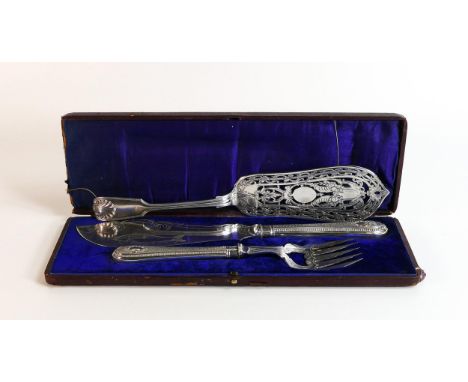 19th century silver plated pair of fish servers, boxed with a silver plated ornate cake serving fork. (3) 