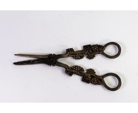 Silver hallmarked grape scissors, hallmarks difficult to read, gross weight 147g, 18.5cm long. 
