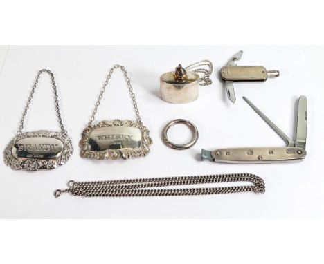 Small group of sterling silver items including pen knife, pipe knife, 2 x spirit labels, long silver chain, scent bottle &amp