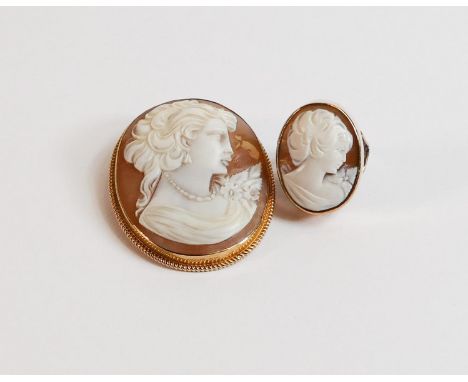 9ct gold mounted oval cameo brooch together with 9ct gold cameo ring, size J. (2) 