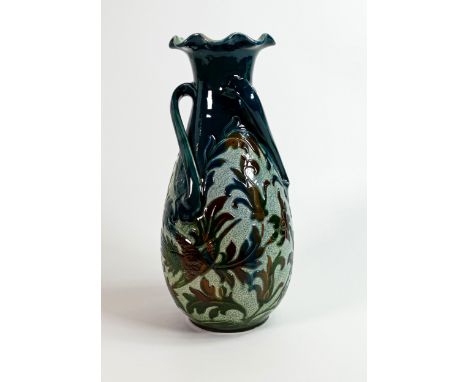 Alexander Lauder for Barum Barnstaple pottery, a tri handled vase decorated with hummingbirds &amp; foliage, h.32cm minute ni