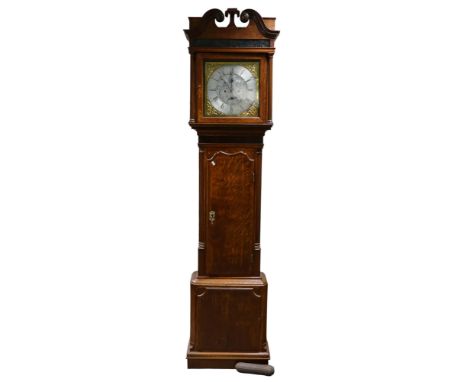 19th century Oak with Mahogany Crossbanding longcase clock by Fearnley of Wigan, 8 day movement with silvered &amp; brass dia