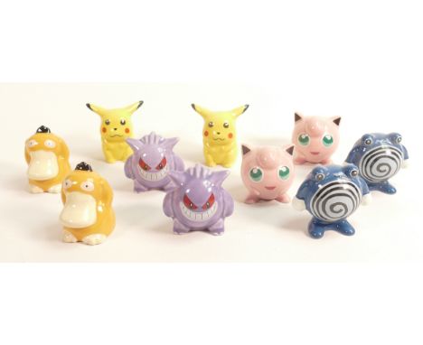 Two sets of Wade Pokemon figures, made in 2001 for the Nintendo Pokemon game. They are Polywhirl, Psyduck, Pikachu and Jiggly