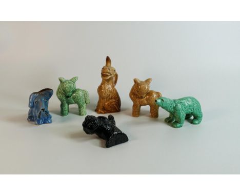 Sylvac comical animals to include Donkey 183, Blue Dog 1120, Baby Lambs 1659 x 2 and Polar Bear, tallest 13.5cm (6) 