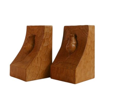 Robert Thompson (1876-1955), Mouseman pair of oak bookends, c1980s, h.15 x w.9 x d.9cm. (2) 