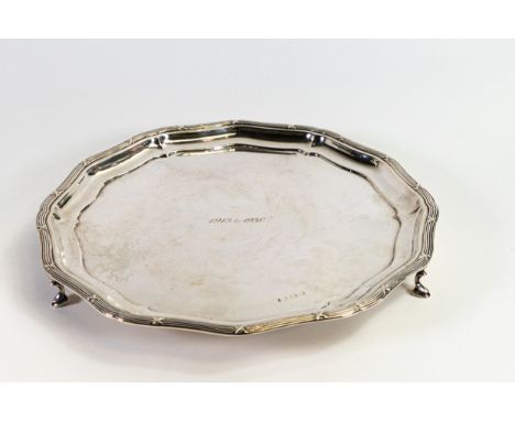 Hallmarked silver salver, weight 914g.  Engraved dedication, worn hallmark, 31cm wide. 