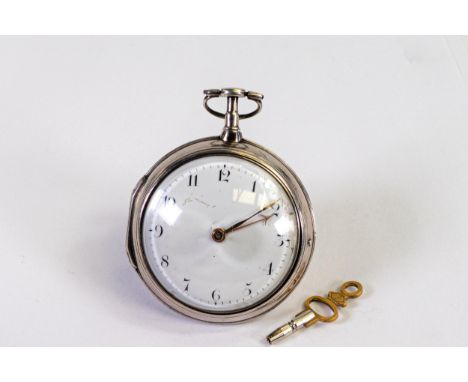 18th century Silver pair cased verge fusee pocket watch, maker George Tupman London 1792, d.6cm. Ticking order, slight damage