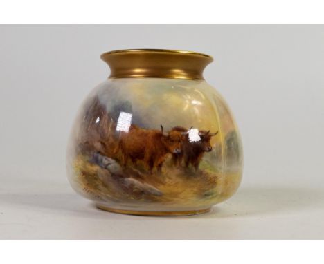 Royal Worcester small vase decorated with highland cattle by H Stinton, shape 158, puce factory mark, h.9cm. 