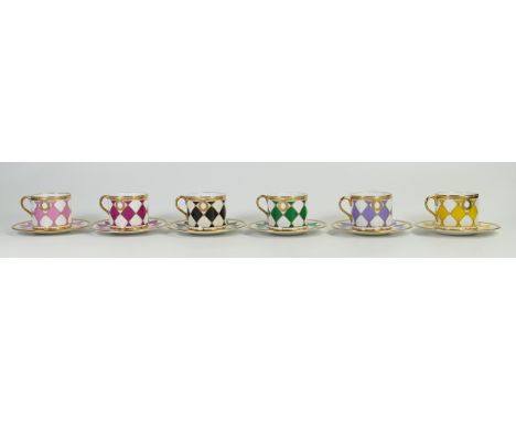 De Lamerie set of six Harlequin checker patterned cups &amp; saucers, specially made high end quality item, made in England