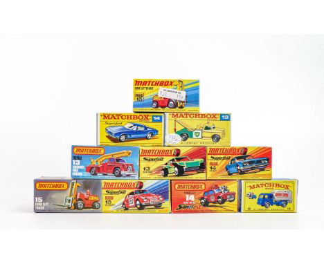 A collection of boxed Matchbox 1-75 series toy cars &amp; vehicles to include 13d Dodge Wrecker, 13f Snorkel Fire Engine, 13e