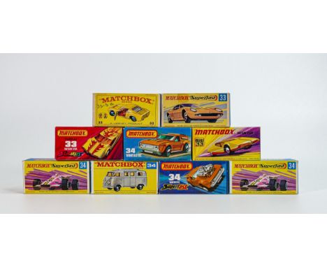 A collection of boxed Matchbox 1-75 series toy cars &amp; vehicles to include  33c Lamborghini Miura x 2, 33d Datsun 126 x 2,