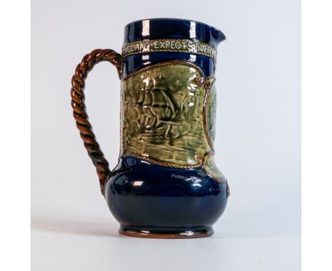 Royal Doulton Stoneware commemorative Admiral Lord Nelson jug, swollen cylindrical form with applied rope handle, modelled in