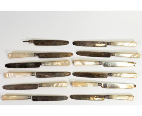 12 x silver bladed fruit knives with solid mother of pearl handles, one knife missing handle, gross weight 459g. 