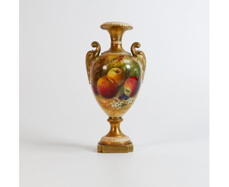 Royal Worcester gilded vase hand painted with fruit by Ricketts, shape 1969 with puce marks. Broken and re-stuck at base stem