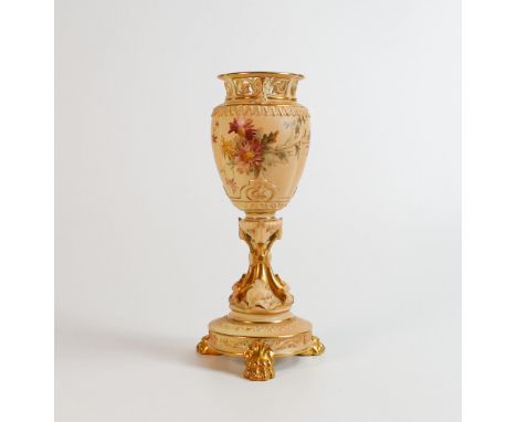 Royal Worcester gilded blush floral decorated urn on stand, model 1639 with puce marks, h.22.5cm. 