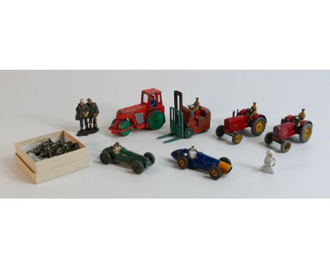 A mixed collection of items to include Dinky Massey Harris Tractors, similar Coventry Climax Fork Lift Truck, Cooper Bristol 