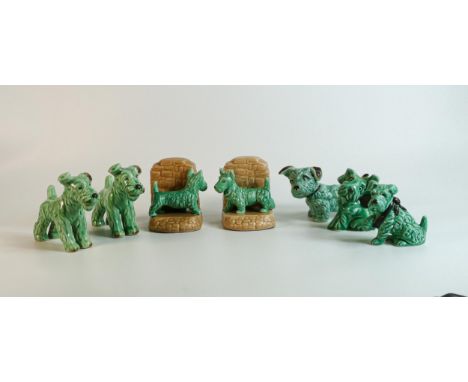 Sylvac green dogs to include Terrier bookends 1311, Dog with Bow 1119, Dog with Bow 1122, Dog with Bow 1433 &amp; 2 x 1121 (7