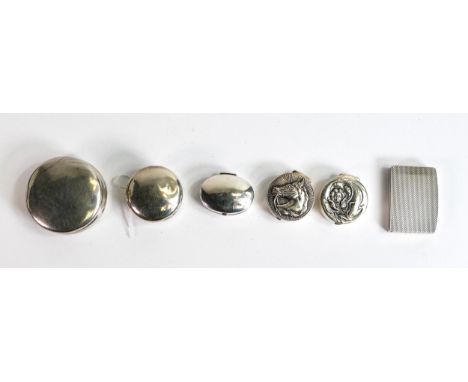 Six silver pill boxes including Birmingham 1901, oblong hallmarked, 2 x .925, 1x .800 &amp; 1 x American (horses head) (6) 