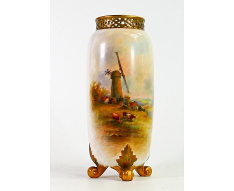 Royal Worcester gilded vase decorated with windmill and cattle by J Stinton, shape G42, puce factory marks, h.22.5cm (a/f. on