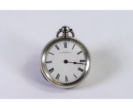 Silver open faced pocket watch "French Royal Exchange London in later case. Unusual 8 day movement with rear ratchet winder -