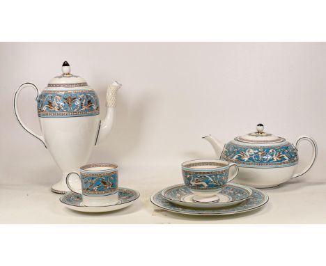 A collection of Wedgwood Turquoise Florentine tea &amp; dinner ware to include - 6 tea cups, 5 coffee cups, 6 saucers, 1 milk