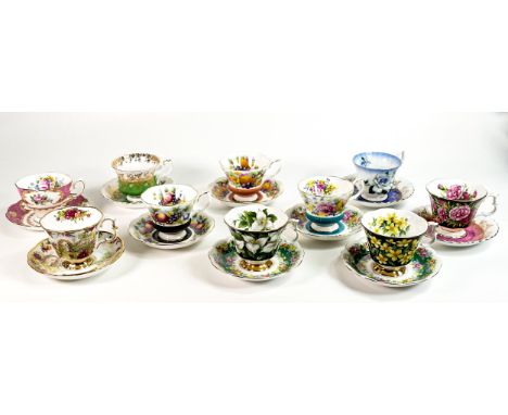 A collection of Royal Albert floral decorated tea cups &amp; saucers, some non matching items noted (10) 