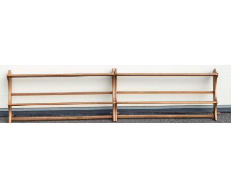 Ercol mid century light wood plate racks, length 96cm &amp; height 50cm (2) 