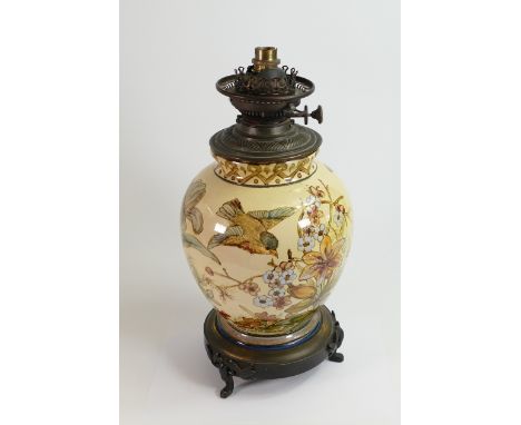 Doulton Lambeth Isabele Lewis Aesthetic period Hink's Duplex oil lamp converted to electric (crack approx 20cm to one side) 