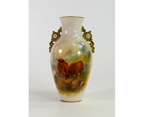 Royal Worcester two handled vase decorated with highland cattle by H Stinton, shape no G520, green factory marks, h.17.5cm. 