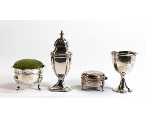 Sterling silver Mustard pot &amp; egg cup, weight 127.2g, together with small silver box B'ham 1919 by Napper &amp; Davenport