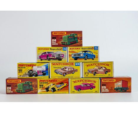 A collection of boxed Matchbox 1-75 series toy cars &amp; vehicles to include 24e Diesel Shunter x 2, 24d Team Matchbox, 24c 