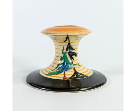 Clarice Cliff Pine Grove short candlestick with surface marks. Height 7.5cm 