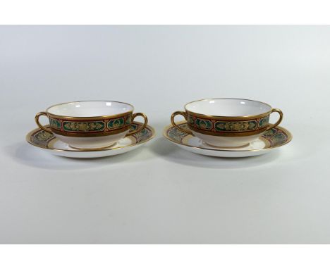 De Lamerie Fine Bone China heavily gilded Empire pattern handled soup bowls &amp; saucers, specially made high end quality it