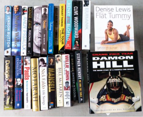 A large collection of signed hardback Football related books including Damon Hill, Eubanks, Clive Woodward, Henry Blofeld, An