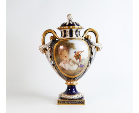 Royal Worcester gilded two handled vase &amp; cover decorated with "Music Lessons after Lancret" by W.A.Hawkins, shape 520, g