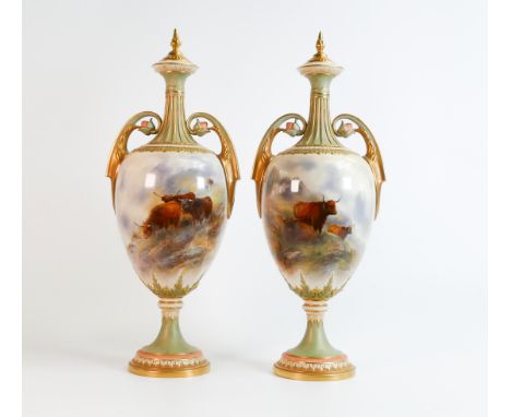 Royal Worcester superb pair of gilded two handled vase &amp; covers decorated with highland cattle by John Stinton, shape 248